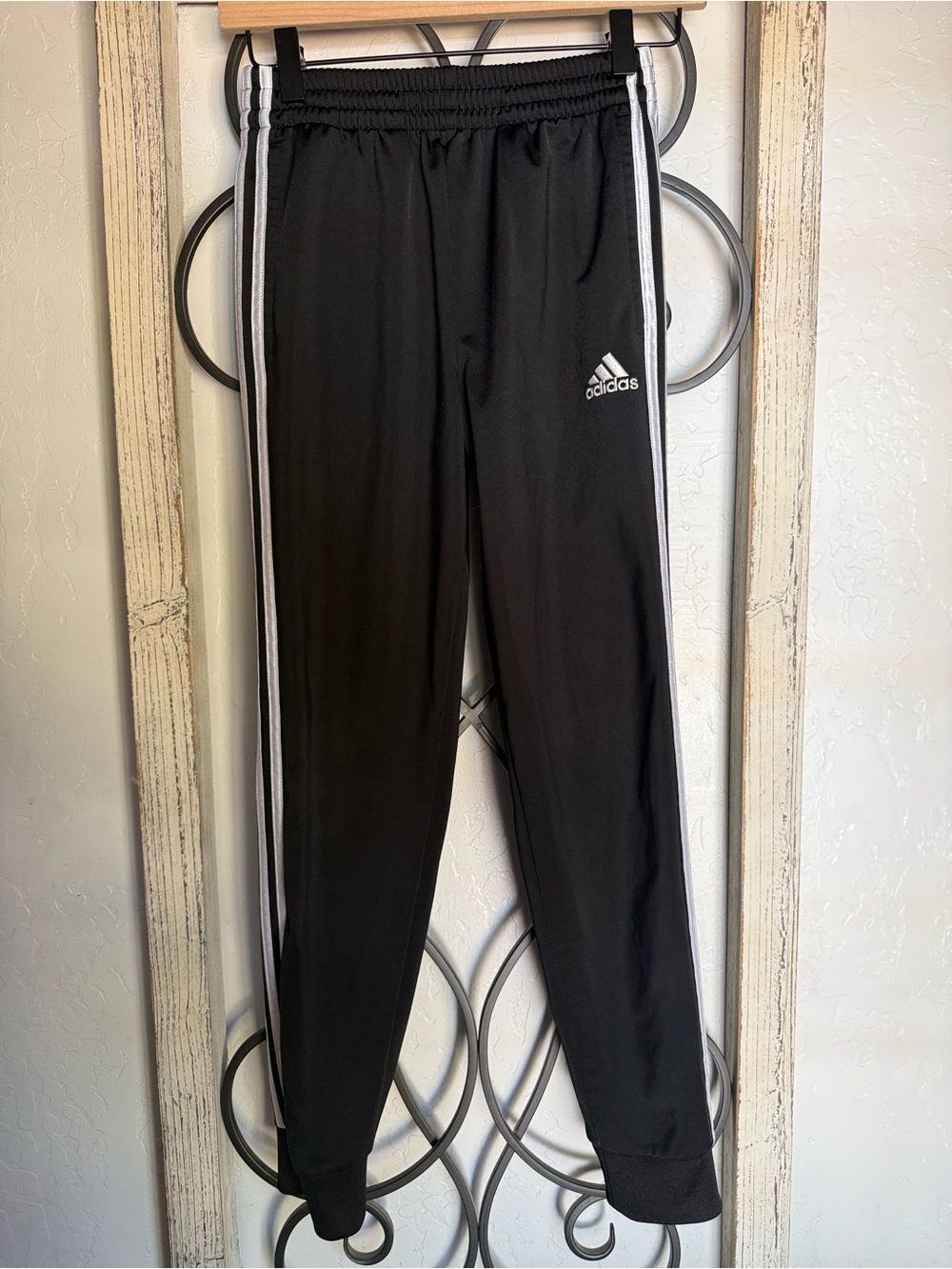 Adidas | Kids Black Track Pants with White Stripes | Size 10/12